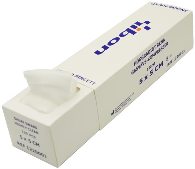 Kompress gasväv höggradigt ren i disp.box 8-lagers 5x5 cm 120st/fp