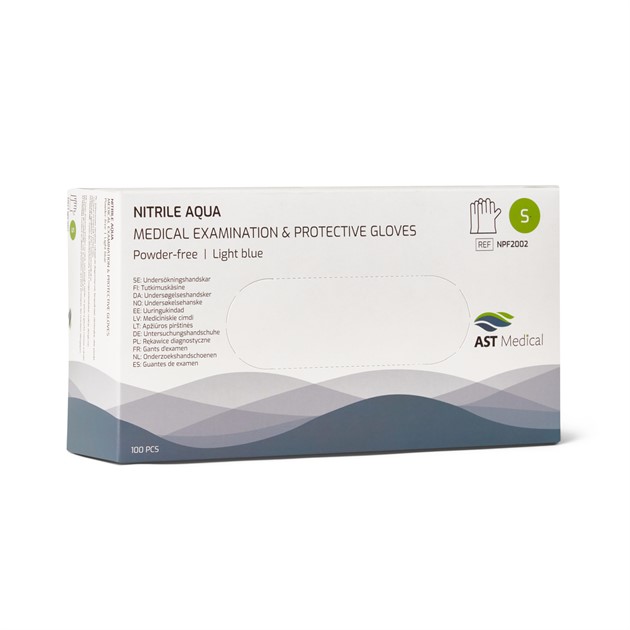 Handskar Nitril Aqua AQL 1,5 puderfri blå stl S 100st/fp