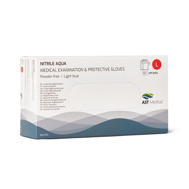 Handskar Nitril Aqua AQL 1,5 puderfri blå stl L 100st/fp