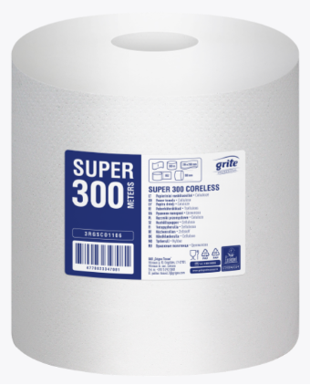 Handtorkrulle 1-lag vit Grite Super M hylslös 300m/rl 1/rl