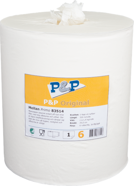 Handtorkrulle 1-lag vit nyfiber M hylslös 20,5cmx320m/rl 6rl/kr