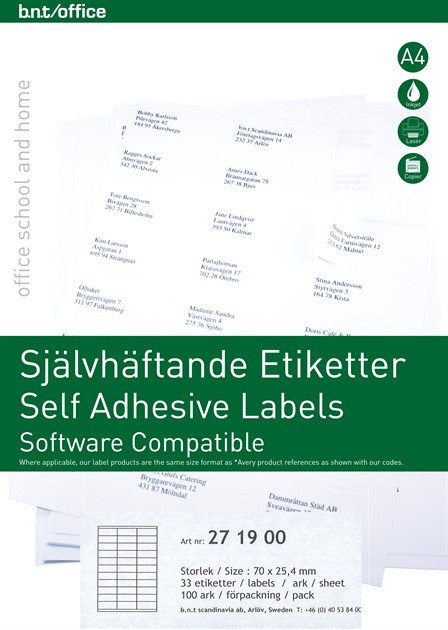 Kopierings & laseretikett 70x25,4mm/33 etiketter per ark 100stA4/fp