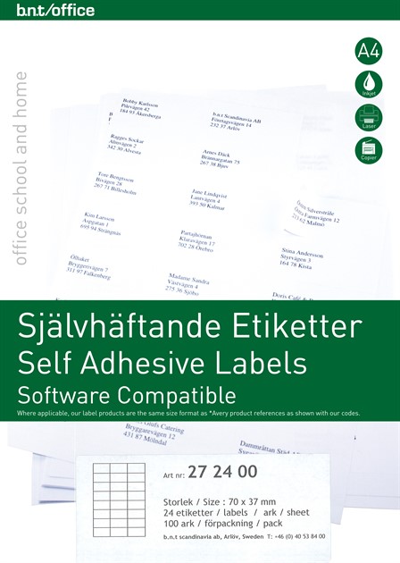 Kopierings & laseretiketter 70x37mm/24 etiketter per ark 100stA4/fp
